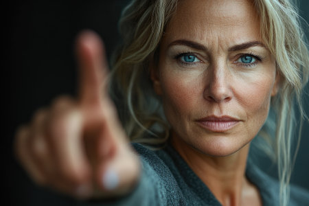 Portrait of a serious mature woman showing stop gesture with her hand on a dark backgroundの素材