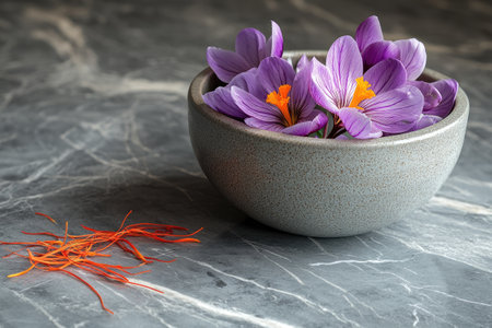 Freshly harvested saffron stigmas and crocus flowers in a ceramic bowl, showcasing the vibrant colors and delicate beauty of this precious spiceの素材