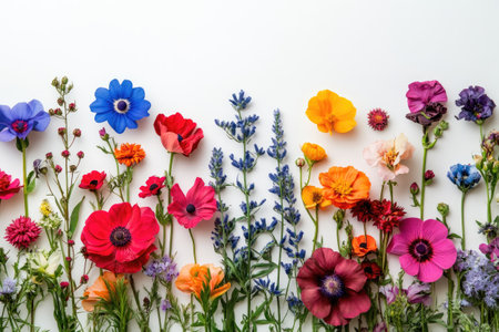 Colorful wildflowers arranged in a beautiful border on a clean white background, celebrating the beauty of natureの素材