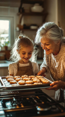 Grandmother and granddaughter smiling while taking freshly baked cookies out of the ovenの素材