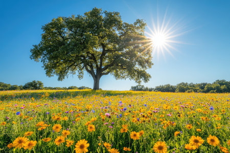 Scenic landscape featuring a majestic oak tree overlooking a vibrant wildflower meadow bathed in golden sunlightの素材