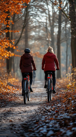 Two female cyclists enjoying a ride through colorful autumn forest on mountain bikesの素材