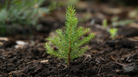 Close-up of a young spruce sapling growing in dark, fertile soil, representing new life, growth, and environmental conservationの素材