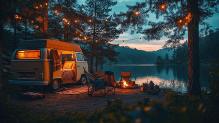 Camper van parked by a tranquil lake, illuminated by string lights, with a campfire burning nearby, creates a cozy and inviting camping sceneの素材