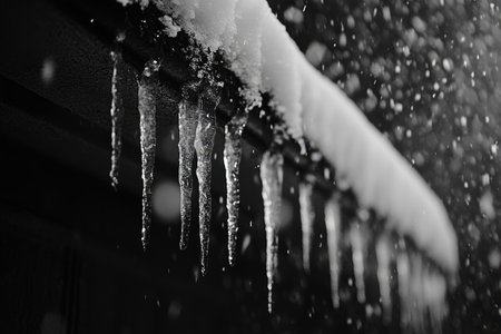 Sharp icicles hang from a snow-covered rooftop during a winter snowfall, creating a beautiful monochrome sceneの素材