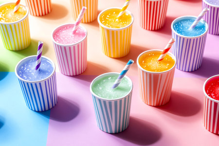 Striped paper cups containing refreshing granitas in various vibrant colors, perfect for a hot summer dayの素材
