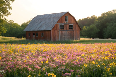 A rustic barn sits peacefully amidst a colorful field of wildflowers, bathed in the warm glow of the setting sunの素材