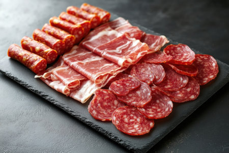 Assortment of sliced salami, chorizo and bacon on a slate serving plate, creating an enticing appetizer or charcuterie boardの素材