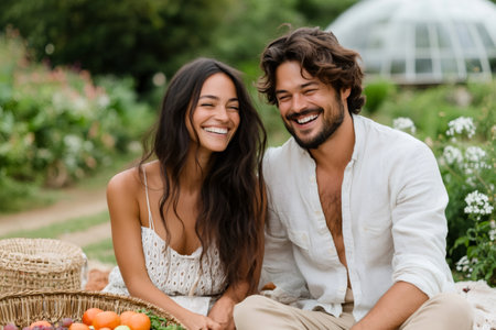 Young farmers enjoying a picnic in their community garden, laughing and having a good time togetherの素材