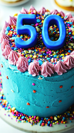 Colorful sprinkles covering a light blue frosted cake with the number 50 on top, celebrating a fiftieth birthday or anniversaryの素材