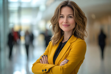 Confident businesswoman smiling with arms crossed in busy office environmentの素材