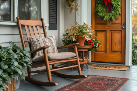 Wooden rocking chair placed on a cozy porch decorated with Christmas ornaments and plantsの素材