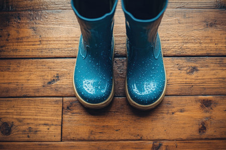 Children's blue rubber boots with water drops stand on a wooden floor, suggesting a rainy dayの素材
