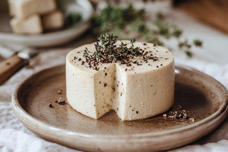 Creamy vegan cheese wheel seasoned with black pepper and fresh thyme, embodying healthy and delicious plant-based cuisineの素材