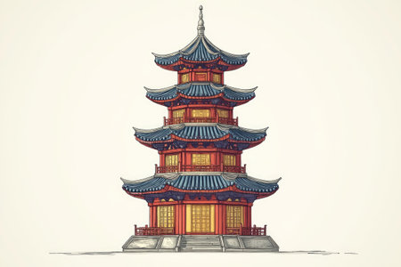 Intricate drawing of a vibrant five-story pagoda showcasing traditional Korean architectureの素材