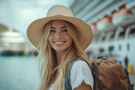 Young woman wearing straw hat and backpack smiling near cruise ship at harborの素材