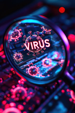 Magnifying glass is showing virus text on computer motherboard with pink and blue lighting, depicting computer virus and cyber securityの素材