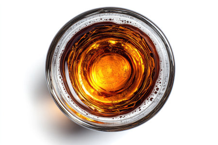 Top view of a glass full of refreshing beer with bubbles, isolated on a white backgroundの素材