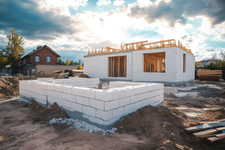 Construction site with unfinished house building and white brick foundation under cloudy skyの素材