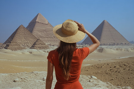 Tourist holding her straw hat while admiring the Giza pyramid complex in Egyptの素材