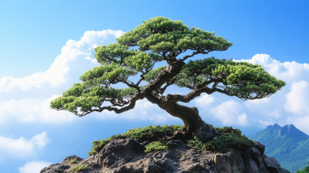 Lush bonsai tree standing on a rocky mountain peak, embodying resilience and tranquility against a backdrop of blue sky and cloudsの素材