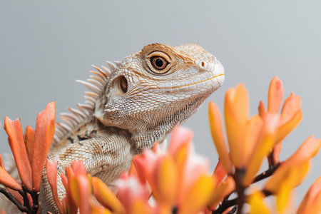 Close-up of a lizard surrounded by orange flowers, creating a captivating nature sceneの素材
