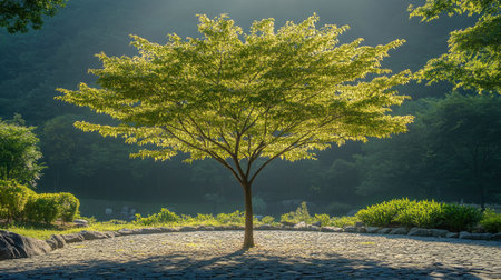 Beautiful backlit tree growing in a cobblestone courtyard in a park, surrounded by lush vegetationの素材