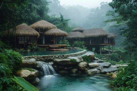 Stunning infinity pool and bungalows nestled in a lush tropical rainforest, creating a serene and luxurious escapeの素材
