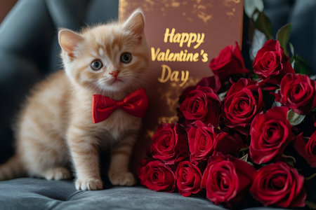 Adorable kitten with a red bow tie sitting next to a bouquet of red roses and a valentine's day cardの素材