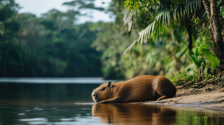 Wild capybara relaxing by the river, enjoying the sunset in its natural environmentの素材