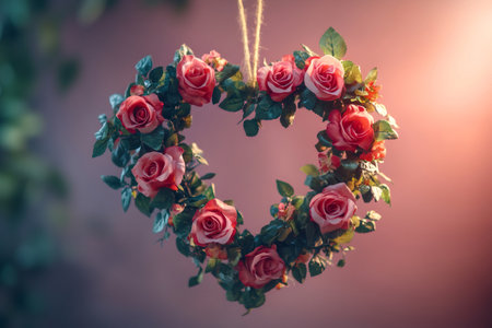 Beautiful heart-shaped wreath made of pink roses, hanging against a warm, romantic backdropの素材