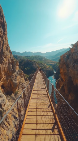 Two tourists walking on a wooden hanging bridge over a canyon on a sunny day in Caminito del Rey, Spainの素材