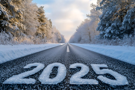 2025 painted on a snowy road leading into a forest represents the futureの素材
