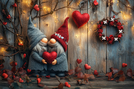 Two adorable gnomes are embracing and holding a heart, surrounded by romantic Valentine's Day decorationsの素材