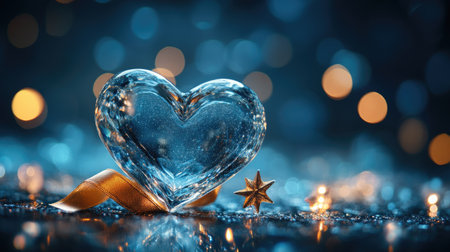 Romantic crystal heart with golden ribbon and star on a sparkling reflective surface, with bokeh lights in the background, creating a magical atmosphereの素材