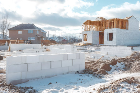 Building under construction using aerated concrete blocks on a winter construction siteの素材