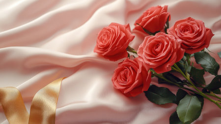 Stunning bouquet of coral roses tied with a golden ribbon, creating a romantic and luxurious sceneの素材
