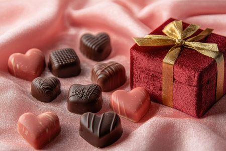 Delicious heart-shaped chocolates and a beautifully wrapped gift box create a romantic scene on pink satin, perfect for Valentine's Dayの素材