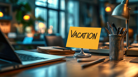 Vacation sign displayed on an office desk, symbolizing upcoming time off and a break from workの素材