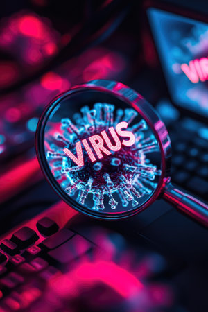 Magnifying glass showing virus writing over computer keyboard in dark environment with coding lines on monitorの素材