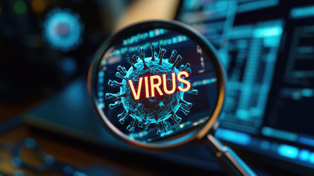 Magnifying glass showing virus in front of computer screen with programming code, concept of computer virus and cyber attackの素材