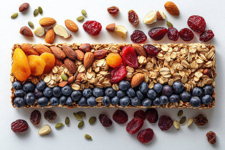 Granola bar made with rolled oats, almonds, dried apricots, blueberries, cherries and cranberries surrounded by fresh fruits and nuts, offering a nutritious and delicious snackの素材