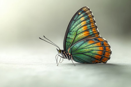 Close-up of a beautiful malachite butterfly resting on a white surface, displaying its vibrant green and orange wingsの素材