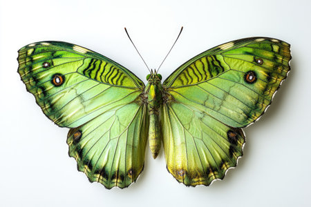 Wonderful green butterfly with spread wings on a light green background, creating a harmonious and captivating imageの素材