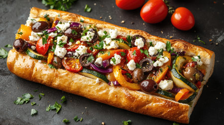 Crusty bread overflowing with roasted vegetables, feta cheese, and olives creates a vibrant and flavorful Greek sandwichの素材