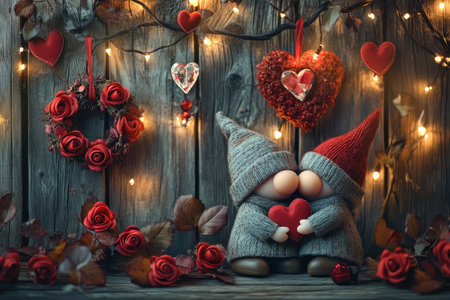 Two adorable gnomes are embracing and holding a heart, surrounded by romantic Valentine's Day decorationsの素材