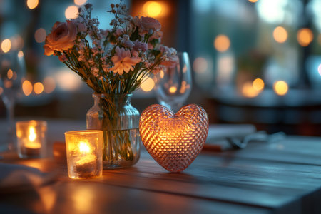 A heart-shaped candle holder creates a romantic atmosphere on a dinner table adorned with flowers and tea lightsの素材