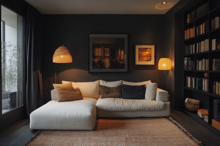 Warmly lit, contemporary living room showcasing dark walls, a comfortable white sofa, and a well-stocked bookshelf, creating a sophisticated and inviting atmosphereの素材