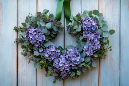 Beautiful heart shaped wreath made of purple hydrangeas and eucalyptus leaves hanging on a light blue rustic wooden door, perfect for valentine's day or any romantic occasionの素材