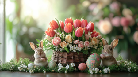 Adorable easter bunnies holding painted eggs beside a beautiful basket of tulips and roses, creating a festive spring sceneの素材
